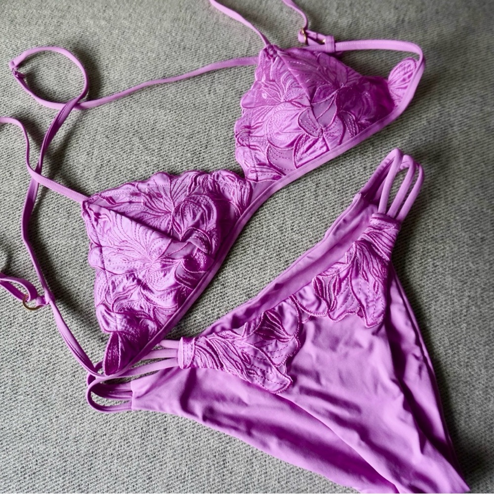 Pink floral embellished bikini